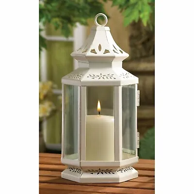 Metal Glass White Victorian Candleholder Lantern Indoor Outdoor Decor • $28.41