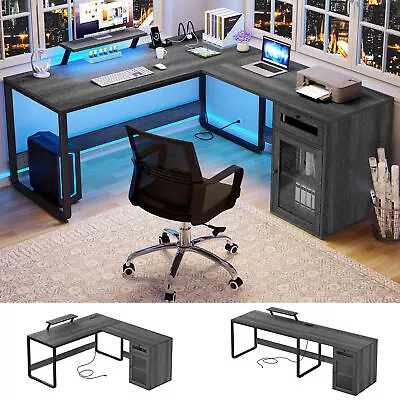 L Shaped Desk With Power Outlets & LED Lights Reversible Computer Desk W/ Drawer • $142.98