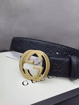 Man GUCCI Embossed Belt Black Leather With Golden Buckle Size 40/100 • $115