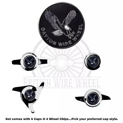 Dayton Eagle Chrome & Black Metal Wheel Chip Emblems With Spinner Caps Set Of 4 • $273.58