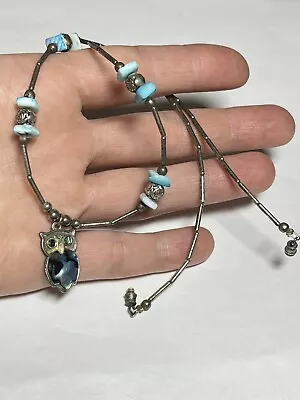 Vintage Antiqued Silvertone Abalone Owl Necklace Teal Chip Stone Beaded JJ237 • $16.99