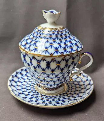 Lomonosov Imperial Porcelain Cup Saucer With Lid Net Pattern Blue And Gold • £82.50