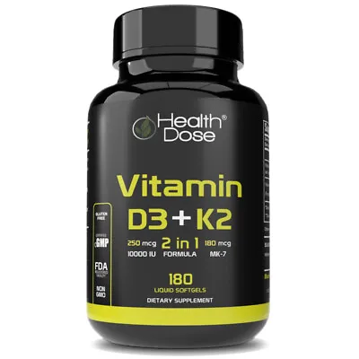 Health Dose Vitamin D3 + K2 Supplement. 2 In 1 Formula. Immune Support. 180 Caps • $19.77