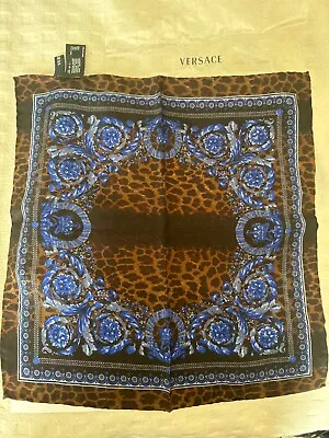 VERSACE Italy Silk Scarf Handkerchief 15  X 14  Blue Floral Brown Leopard NEW • $128