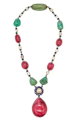 Art Deco 1920 Mughal Tutti Frutti Necklace Silver 303.69 Ct In Gemstone & Pearls • $9250