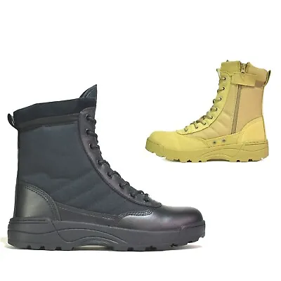 Mens Military Boots Boys Comfort Lace Up Side Zip Calf Black Camel Cadets Combat • £18.99