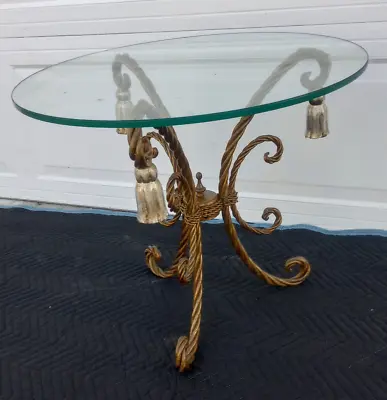 Vintage Mid Century Maitland Smith Gold Gilt Tassel Side Table Glass Top • $400