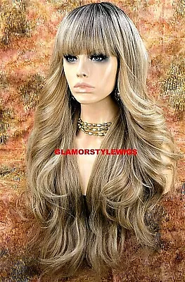 Full Wig Long Wavy Layered With Bangs Ombre Brown Ash Blonde Mix Heat Ok Nwt • $59.95