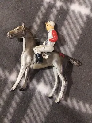 Vintage Made In USA Cast Iron Painted Horse &Jockey  Toy Figure #10 • $39.99