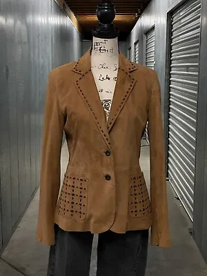 $195 • Buy Vakko Camel Brown Goat Suede W/ Chocolate Leather Detail Jacket Blazer - Size M 