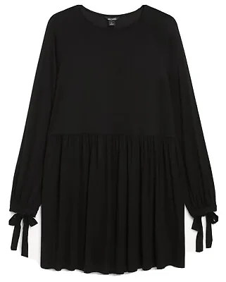 $54.95 • Buy NWT MONKI Black Smock Dress Bow-Ties Long Sleeve Babydoll Cute ASOS M (12-14-16)