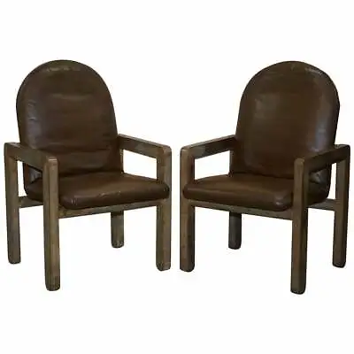 Pair Of Original Mid Century Vintage Aged Brown Leather John Makepeace Armchairs • $1867.65