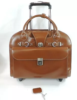 McKlein Roseville BROWN Leather Rolling Computer Bag With Key Brushed Silver H • $124.99