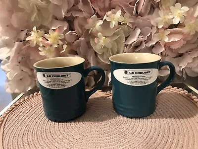 2 Le Creuset Stoneware Coffee Mugs Dark Caribbean Blue New • £24