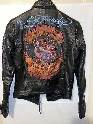 Ed Hardy Leather Motorcycle Jacket Rare Devil Darlings Size S - XS • $149