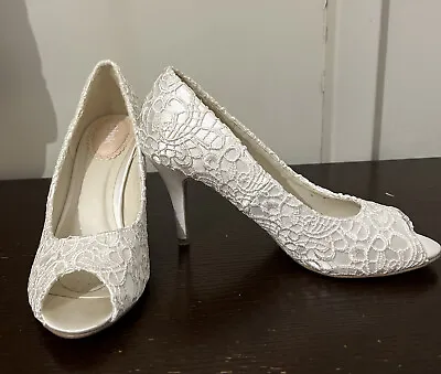 Ivory Satin Lace Bridal Heels Wedding Shoes Peep Toe Size 5 Womens Heeled Pumps • £25
