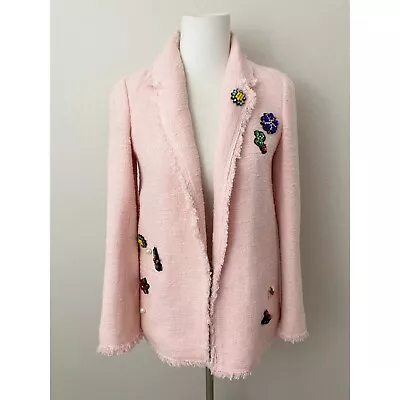 Zara Light Pink Blazer Jacket Embellished Sequin Pearl Floral Sz XS X Small • $25