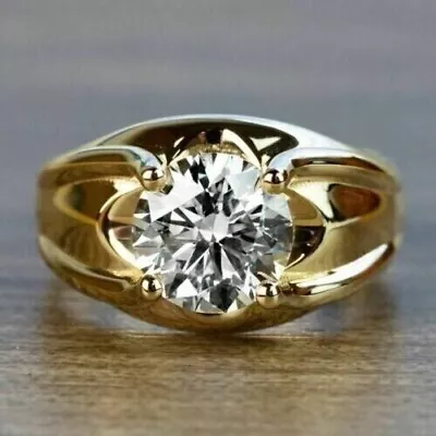 3Ct Round-Cut Solitaire Moissanite Men's Engagement Ring 14k Yellow Gold Plated • $60