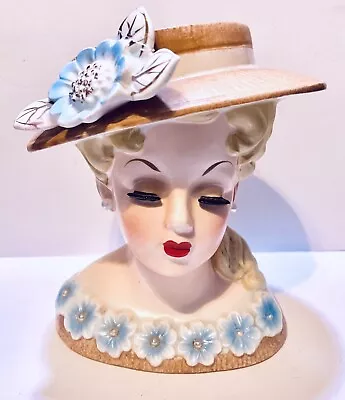 Vase Rubens Original Woman Lady W/Blue Flowers & Hat Head Planter Vtg 1950s • $20