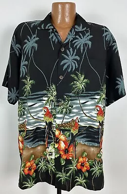 Vintage Uluwatu Hawaiian Shirt XL Tight Parrot Palm Tree Beach Floral Polyester • $24.99