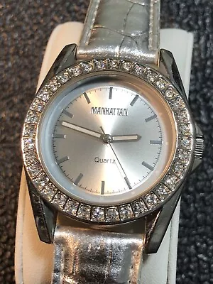 Manhattan By Croton Women’s Watch Gemmed Silver Tone Leather Band New Battery • $29.99