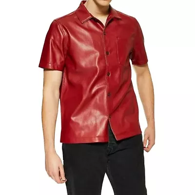 Men's Genuine Real Lambskin Leather Shirt Slim Fit Half Sleeve Red Leather Shirt • $114.99