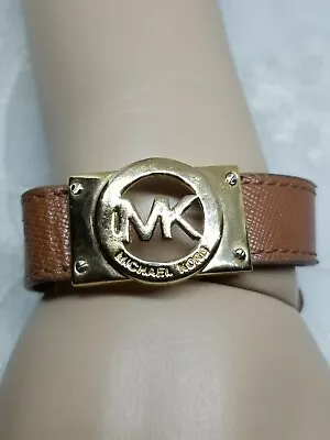 Michael Kors Gold Tone Emblem And Leather Wristband Bracelet • $30