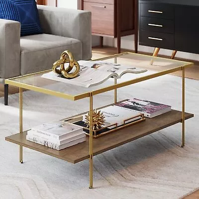 Asher Mid-Century Rectangle Coffee Table Glass Top And Rustic Oak Storage She... • $225.65