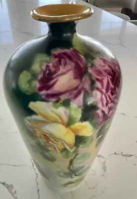 J.P. LIMOGES FRANCE HAND PAINTED ROSES VASE - 13 Inches TALL • $269