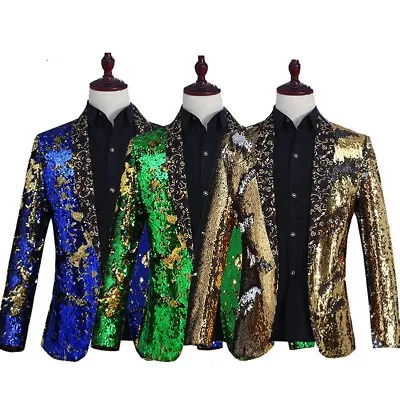 Men Reversible Two Tone Shiny Sequin Cardigan Jacket Suit Stage Costume Coat Top • $77.84