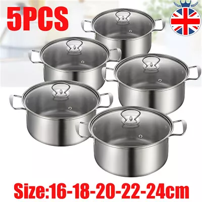 5Pcs/Set Stainless Steel Cookware Set Casserole Stockpot Pot Hob With Glass Lids • £19.99