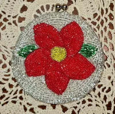 Vintage Small Handmade Beaded Coin Purse Red Flower Silver Metal Clasp • $23