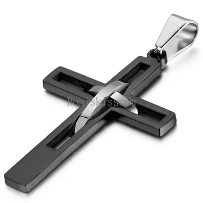 $8.99 • Buy Men's Black Silver Double Hollow Cross Stainless Steel Pendant Necklace Gift