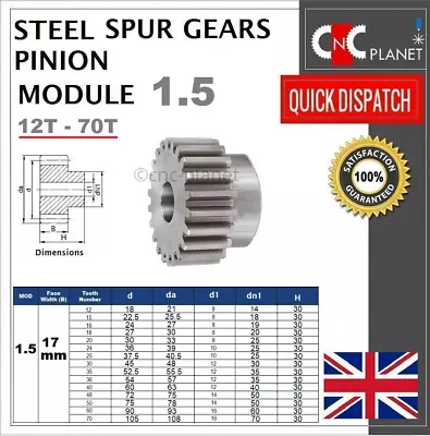 MODULE 1.5 17mm TOOTH FACE WIDTH STEEL SPUR GEAR PINION COG CNC PLASMA ROUTER UK • $25.19