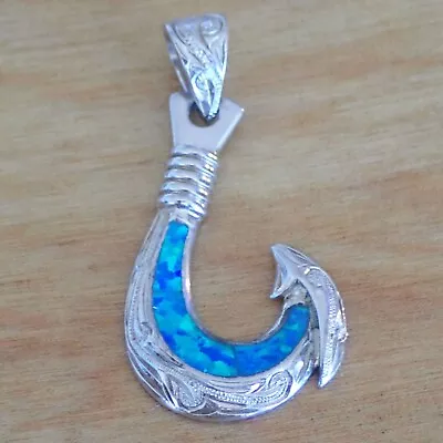 Sterling Silver Hawaiian Fish Hook Pendant Opal Inlay Maori Polynesian Necklace • $24