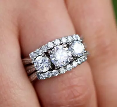 3 Stone Engagement Ring 3 Ct Simulated Diamond Bridal Set Silver White Plated • $159.31