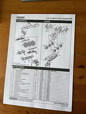 HORNBY Service Sheet For A1/A3 Class  Locomotives Tender Drive • £3.95