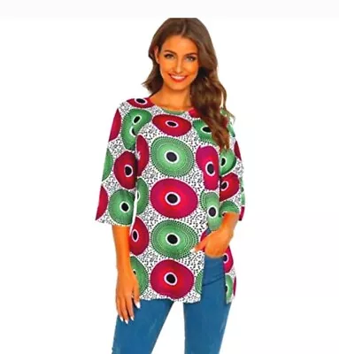 Afibi Womens Print Shirt African Dashiki 3/4 Sleeve Boho Relax Tunic Top Medium  • £26.99