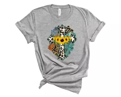 Christian Leopard Cowhide Sunflower Cross T-Shirt Western Cowgirl Tee • $24.17