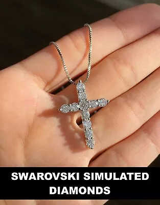 $14.99 • Buy 1.00ct Round Cut Diamond Cross Pendant Necklace 14K White Gold Finish For Womens