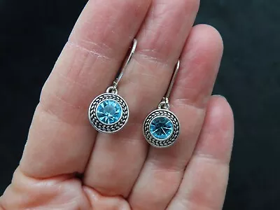 Vintage Silver Tone  Napier  Blue Rhinestone Dangle Pierced Earrings • $13.49