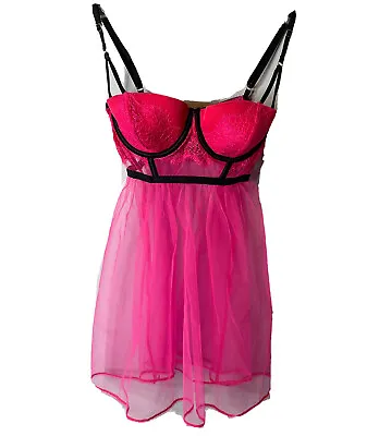 Victoria Secret Babydoll 34B Small Hot Pink Lace Black Sexy Nightgown Valentines • $15.01