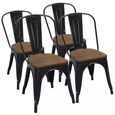  Metal Dining Chairs With Wooden Seat Set Of 4 Black • $134.98