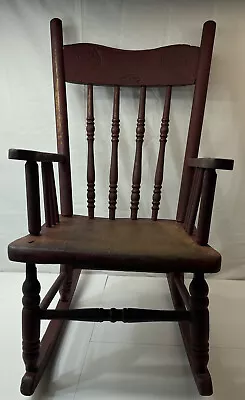 ANTIQUE OLD RED PAINT CHILD’s WOODEN ROCKING CHAIR  PRESS-BACK TURNED SPINDLES￼ • $159.89