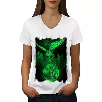 Wellcoda Owl Night City Animal Womens V-Neck T-shirt City Graphic Design Tee • £17.99