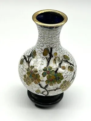 Vintage Miniature Chinese Asian Cloisonné Vase With Stand White Ground Flowers • $28
