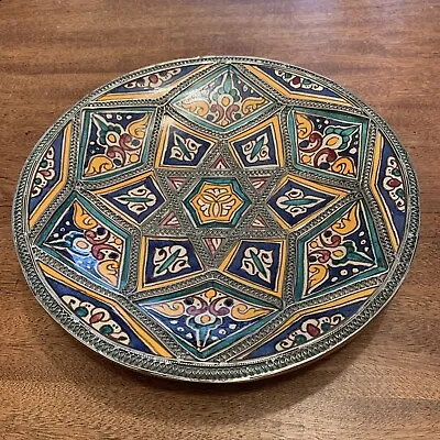 Morocco Fez Hand Painted Pottery Silver Nickel Overlay Ceramic Decorative Plate • $375