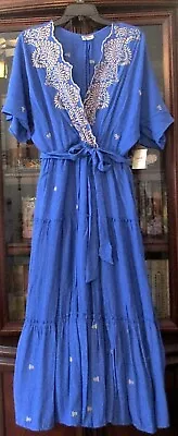 NWT Fig Flower Anthropologie Blue Embroidered Side Slit Tiered Maxi Dress MLXL • $42.99