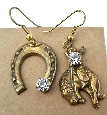 Vtg Brass Earrings Western Large Dangle Cowgirl Southwestern Mismatched  • $10