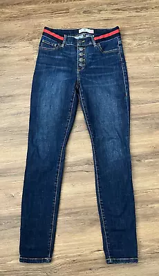 CABI #3751 Women's Blue Button Fly Skinny Jeans Dark Wash Stretch Size 4 • $24.99